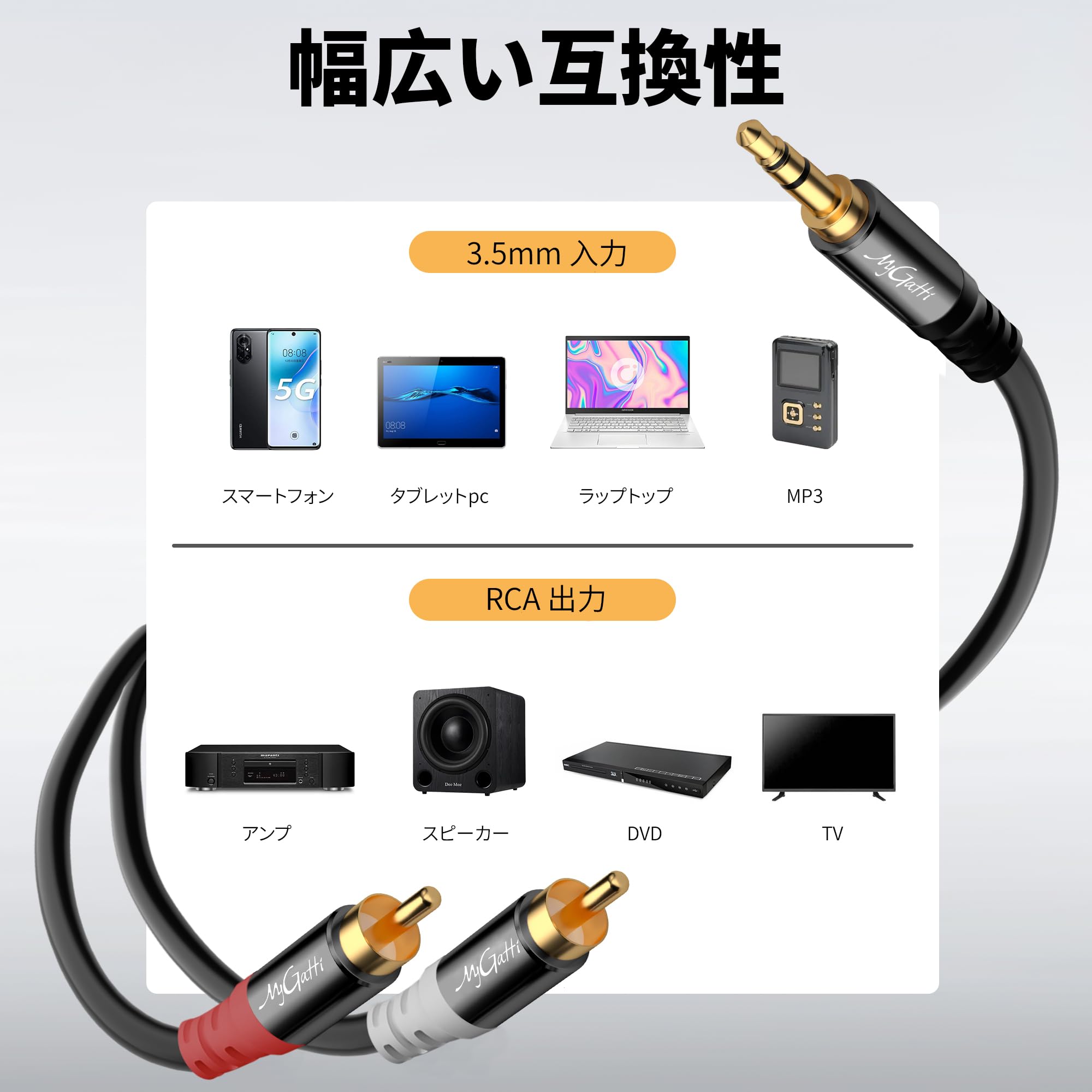 Amazon | 3.5mm to 2RCA オーディオケーブル 金メッキAUXミニプラグ